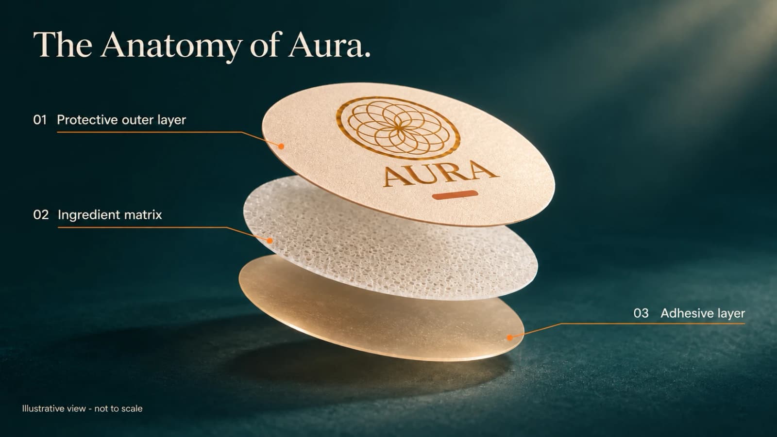 Illustrative exploded view of an Aura patch: a branded protective outer layer, ingredient matrix, and adhesive layer. Not to scale.