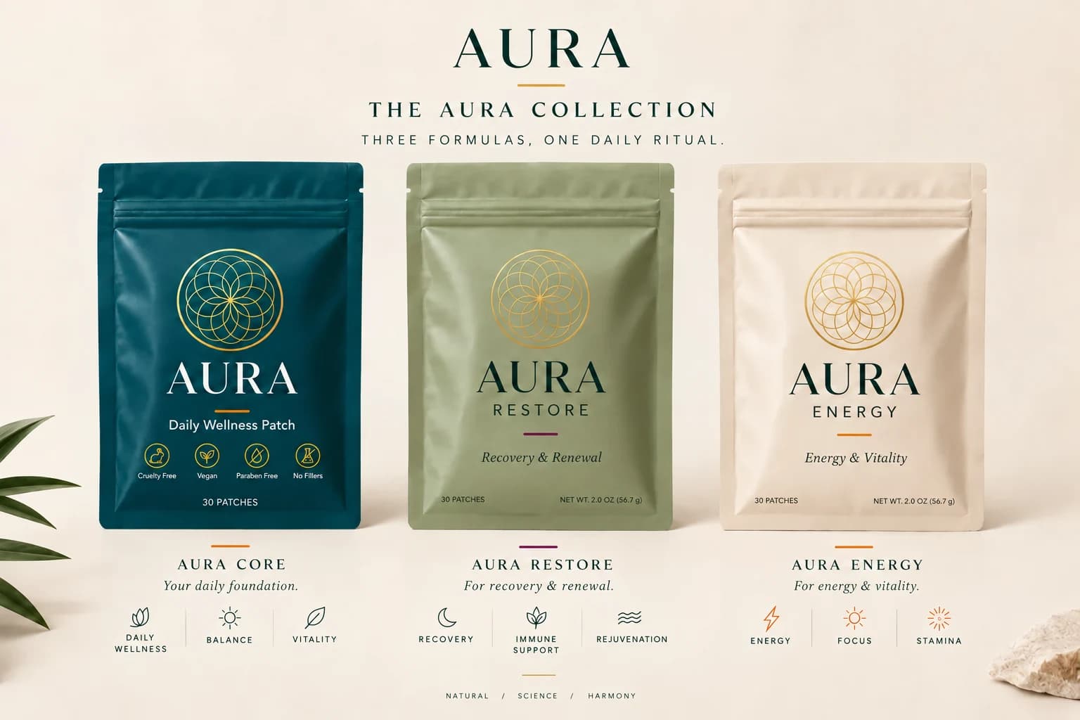 The Aura Collection: Aura Patch, Restore, and Energy pouches