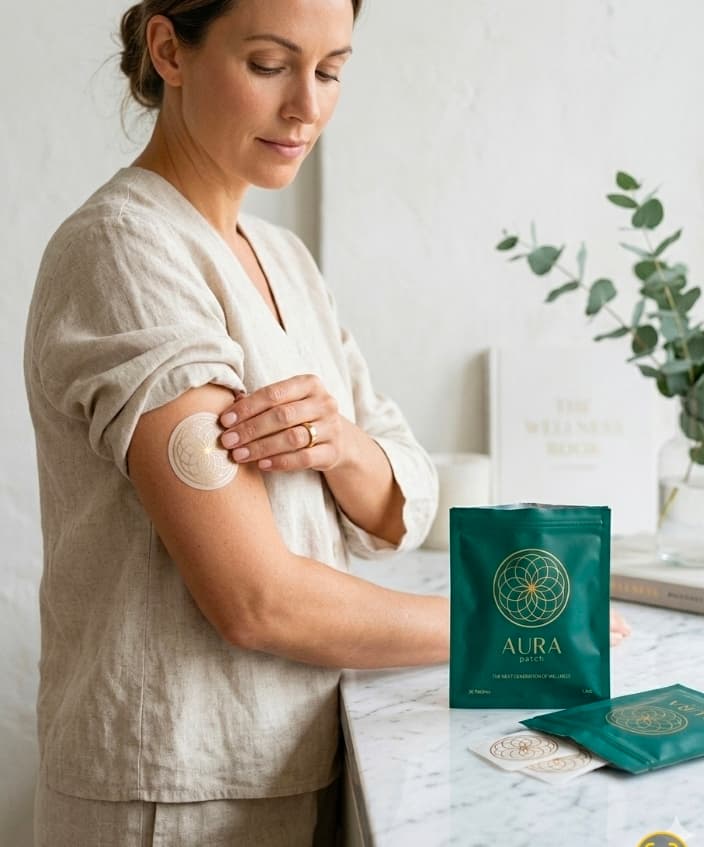 Woman applying an Aura Patch to her upper arm